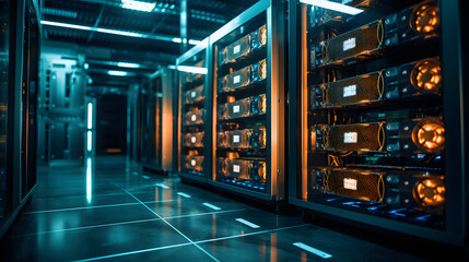 Photograph illustrating the storage of bitcoin data on a computer in a server room