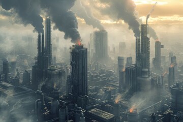 Smoke billows from the multiple stacks of industrial buildings in a city, filling the air with pollution, Gritty representation of industrial city with towering skyscrapers, AI Generated
