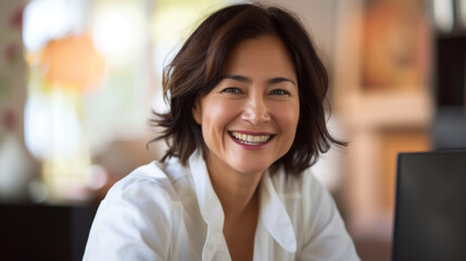 cheerful woman , wearing a white blouse and a necklace, smiling and looking at a laptop screen