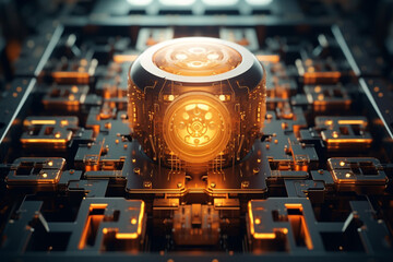 Steampunk quantum computer concept. Abstract technological background from blocks. Quantum Computing. Quantum processor with outgoing tube. Qubit. 3D rendering - obrazy, fototapety, plakaty