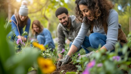 Group of diverse young people planting flowers together in the garden