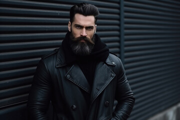 Obraz premium Stylish young man with a hairdo and beard in a trendy black coat posing near a metal wall