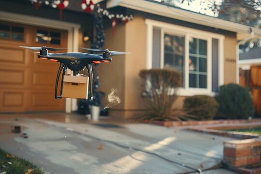 Smart package Drone Delivery parcel label. Box shipping aerial cargo delivery parcel drone delivery technology transportation. Logistic tech courier service mobility embb