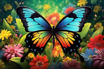 A blue morpho butterfly, its wings a burst of color against vibrant summer flowers