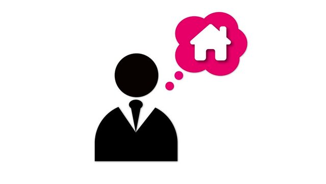 Man with bubble home icon animated on a white background.