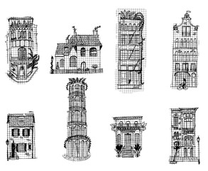 Set of hand drawn buildings, houses. Vector doodle art illustration. 