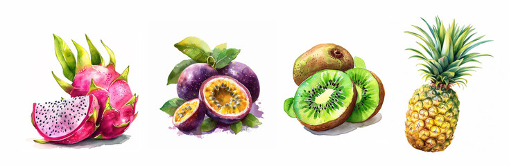 Watercolor exotic kiwi, pinapple, dragon and passion fruits with leaves botanical clip art  Watercolor illustration isolated on white background for menu design, print, social media