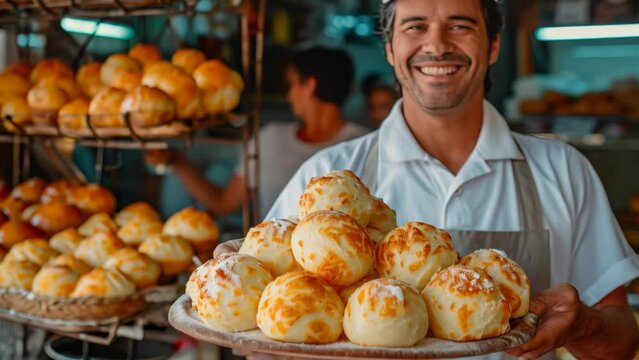 Chief in uniform holding a plate with brazilian cheese bread - pao de queijo