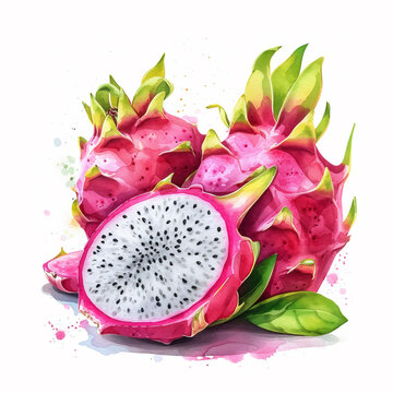 Watercolor exotic dragon fruit with leaves botanical clip art. Watercolor illustration isolated on white background for menu design, print, social media