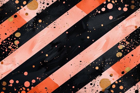Abstract black peach and rose gold polka dots with terrazzo, doodle, floral digital stamps and overlays in the style of a striped painting. Bold color palette, iconic, charming, colorful geometrics