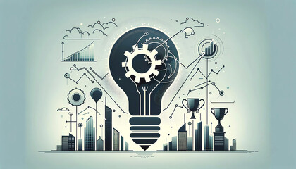 Conceptual illustration featuring a light bulb with gears, charts, and cityscape symbolizing innovation, growth, success in business, and urban development.AI generated.