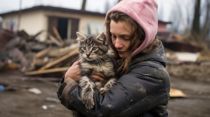 woman carrying an animal in the aftermath of the earthquake