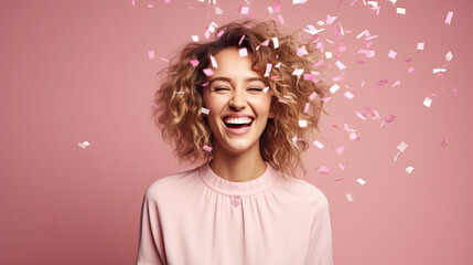 Happy woman with confetti falling isolated on pink background