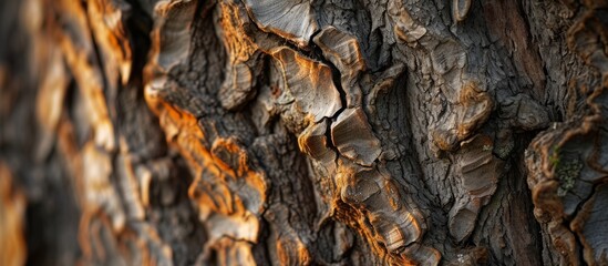 Detailed close-up of tree trunk with rough textured bark in natural forest setting