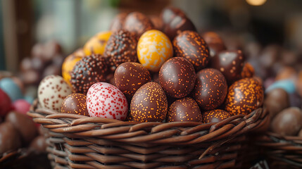 A wicker basket full of colorful handmade Easter chocolate eggs