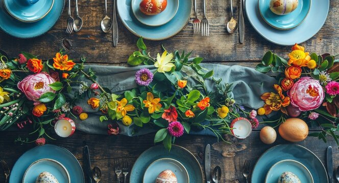 Easter table setting, easter eggs and flowers decoration on wooden background, top view