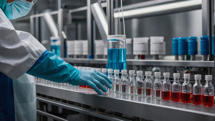 Sanitized hands inspecting medical vials on a pharmaceutical production line, showcasing precision in pharmaceutical manufacturing. - obrazy, fototapety, plakaty