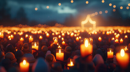 Thousands of Lit Candles in Night Vigil Ceremony
 - obrazy, fototapety, plakaty