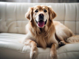 Portrait of a purebred golden Labrador dog, looking at the camera and lying on a white sofa.