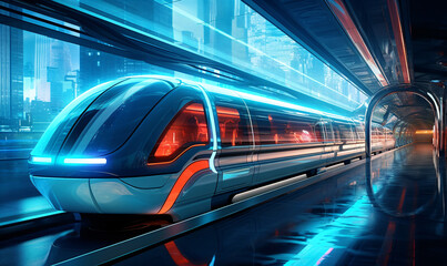 Futuristic city train of the future. Transporting passengers in the center of a modern city.