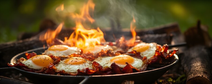 Delicious campfire breakfast of bacon and eggs being cooked in nature. Concept Outdoor Cooking, Campfire Breakfast, Bacon and Eggs, Nature Adventure, Delicious Recipes