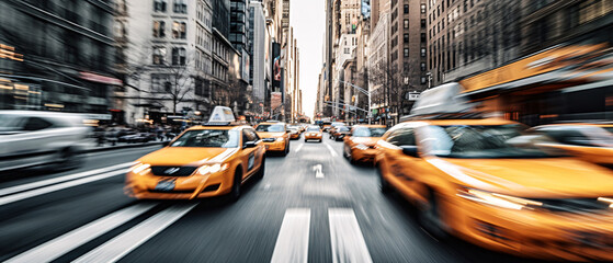 Yellow taxis on the move in an urban area. A traffic jam of cars in the streets of a big city. Motion blur efect. 
