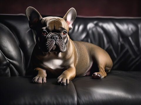 Portrait of a purebred French Bulldog dog, looking at the camera and lying on a black leather sofa.