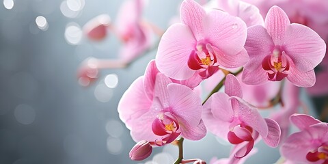 closeup beauty of pink orchids blooming on gray background