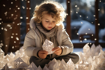 Boy sitting on floor beside window surrounded by paper snowflakes. Generative Ai