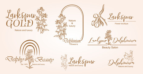 Vector luxury logo design set, trendy linear style with Larkspur flower. Golden line art Delphinium logotypes on neutral pink beige background for beauty, florist emblem, jewelry, cosmetic packaging. - obrazy, fototapety, plakaty