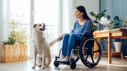 Girl in wheelchair is playing with dog on wooden floor - obrazy, fototapety, plakaty