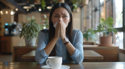 woman is sitting at a table in a cafe, blowing her nose with a tissue, looking distressed, possibly suffering from a cold or allergies.