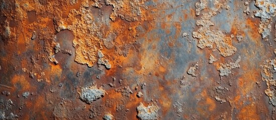 A detailed shot showcasing the intricate pattern of rust on a metal surface, with hints of brown and earthy tones resembling a landscape art piece.