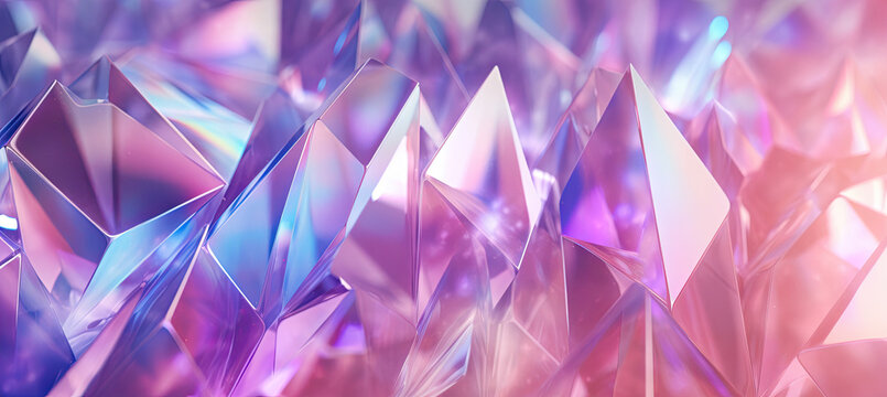 Holographic background with fairy crystal. Rainbow reflexes in pink and purple color.