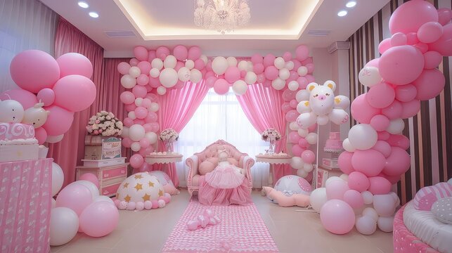 baby girl birthday decoration ideas . white and pink balloons