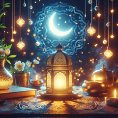 Ramadan kareem decoration with arabic lantern and candle in the night. 4k background Ai generative.