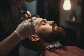 Obraz na płótnie Canvas Crop anonymous barber cutting dark beard of brutal male client with scissors while giving professional. Generative Ai