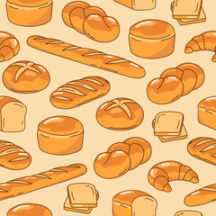 Bread, bakery hand drawn illustrations, seamless background, pattern