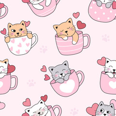 Cute cats, kittens in tea, coffee cups, mugs with gearts. Seamless pattern, background. Love pets. Simple cartoon vector drawings.