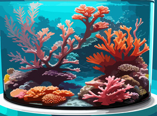 Fototapeta na wymiar Underwater scene of sea floor with corals and seaweed. Vector cartoon illustration of ocean bottom landscape with stones and tropical undersea animals and plants.
