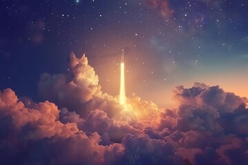 Space exploration concept with a realistic rocket ascending through clouds towards the stars Embodying ambition Innovation And the human quest for knowledge