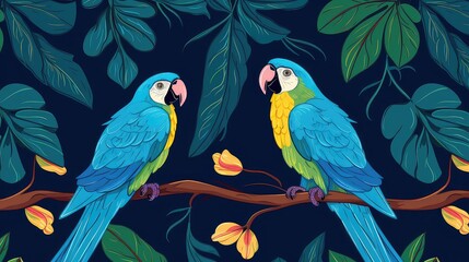 macaw and palm leaves pattern background