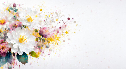 Flowers with splashed effect on white background with copy space