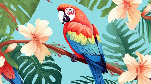macaw and palm leaves background