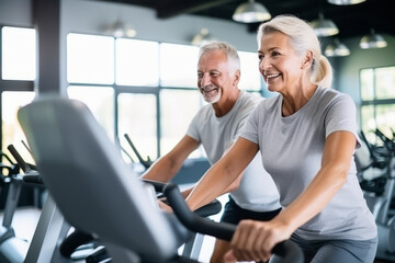 Fototapeta na wymiar Smiling senior man riding a stationary bike during a workout session with his wife in a gym. Generative Ai