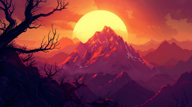 Fantasy scence.Moutain with sun in the morning time.Sunrise behide the mountain peak..