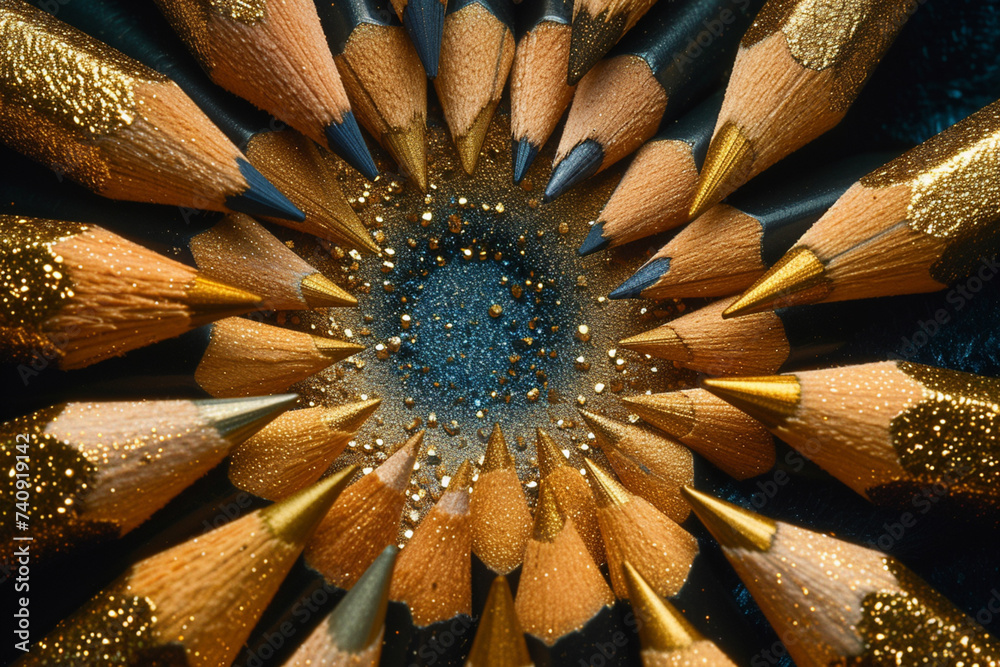 Poster An extravagant display of gold and silver pencils arranged in a spiral pattern on a velvet backdrop,
