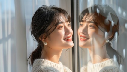 Fototapeta premium Asian woman in white sweater gazes out a bright window