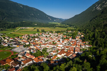 Kobarid townscape aerial drone view at summer in Slovenia - 740919320