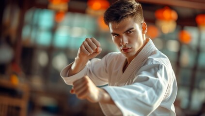 Young man in practicing karate